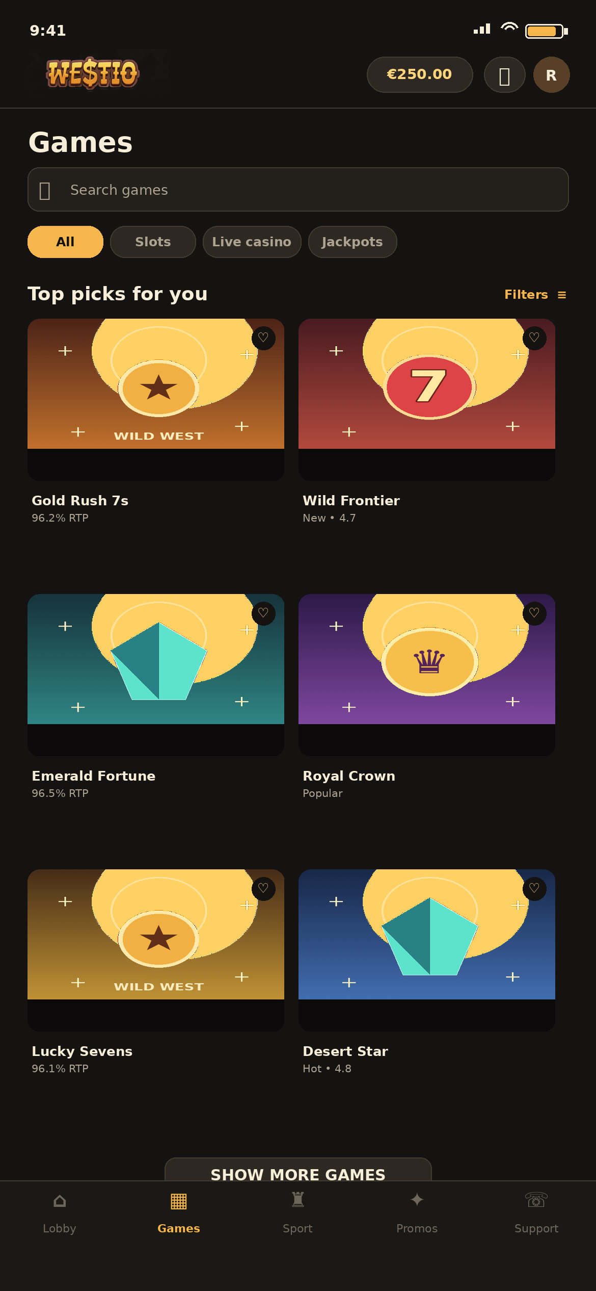Westio Games screen on a phone with a search field, the filters All, Slots, Live casino and Jackpots, a Top picks for you grid with Gold Rush 7s at 96.2% RTP, Wild Frontier marked New and rated 4.7, Emerald Fortune at 96.5% RTP, Royal Crown marked Popular, Lucky Sevens at 96.1% RTP and Desert Star marked Hot and rated 4.8, and a Show more games button