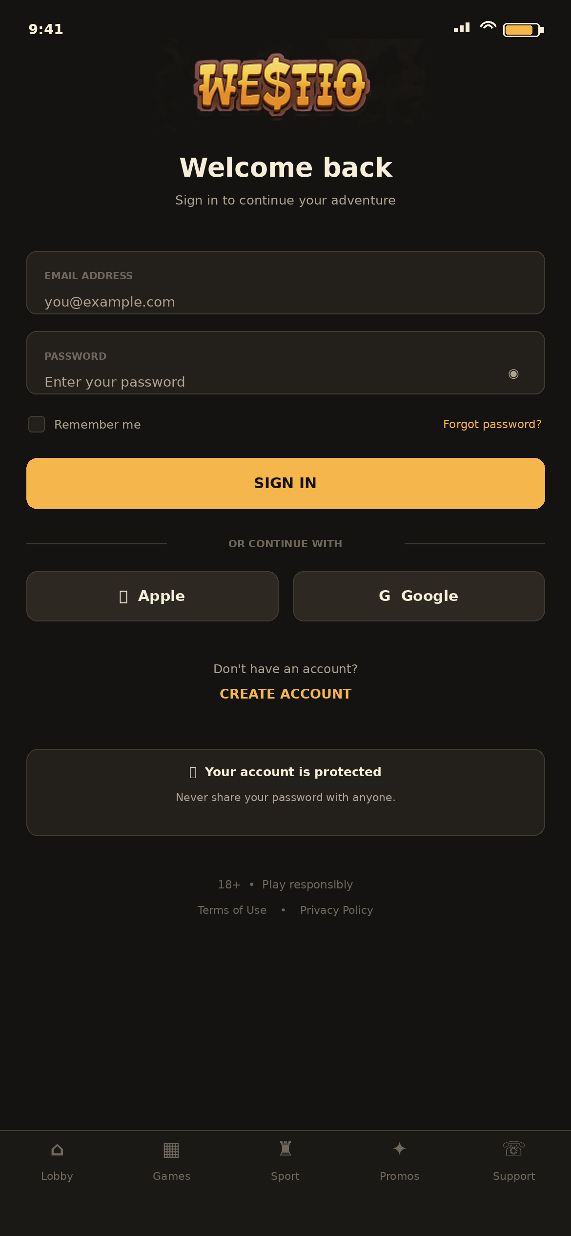 Westio Login screen on a phone headed Welcome back, with Email and Password fields, a Remember me switch, a Forgot password link, an amber Sign in button, Continue with Apple and Continue with Google buttons, a Create account link, a Your account is protected note and an 18+ line with links to the Terms of Use and Privacy Policy